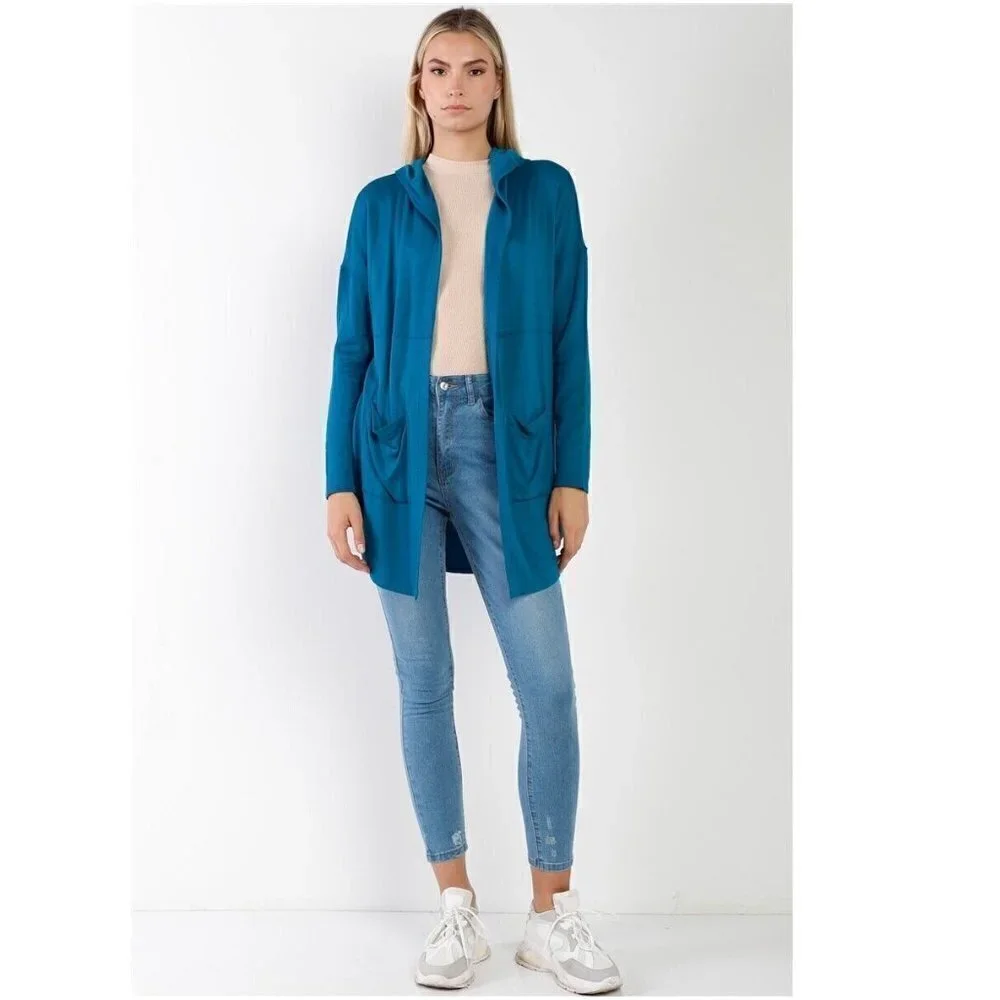 Womens Long Sleeve Open Front Hooded Cardigan Soft Comfortable Blue Sizes S M L